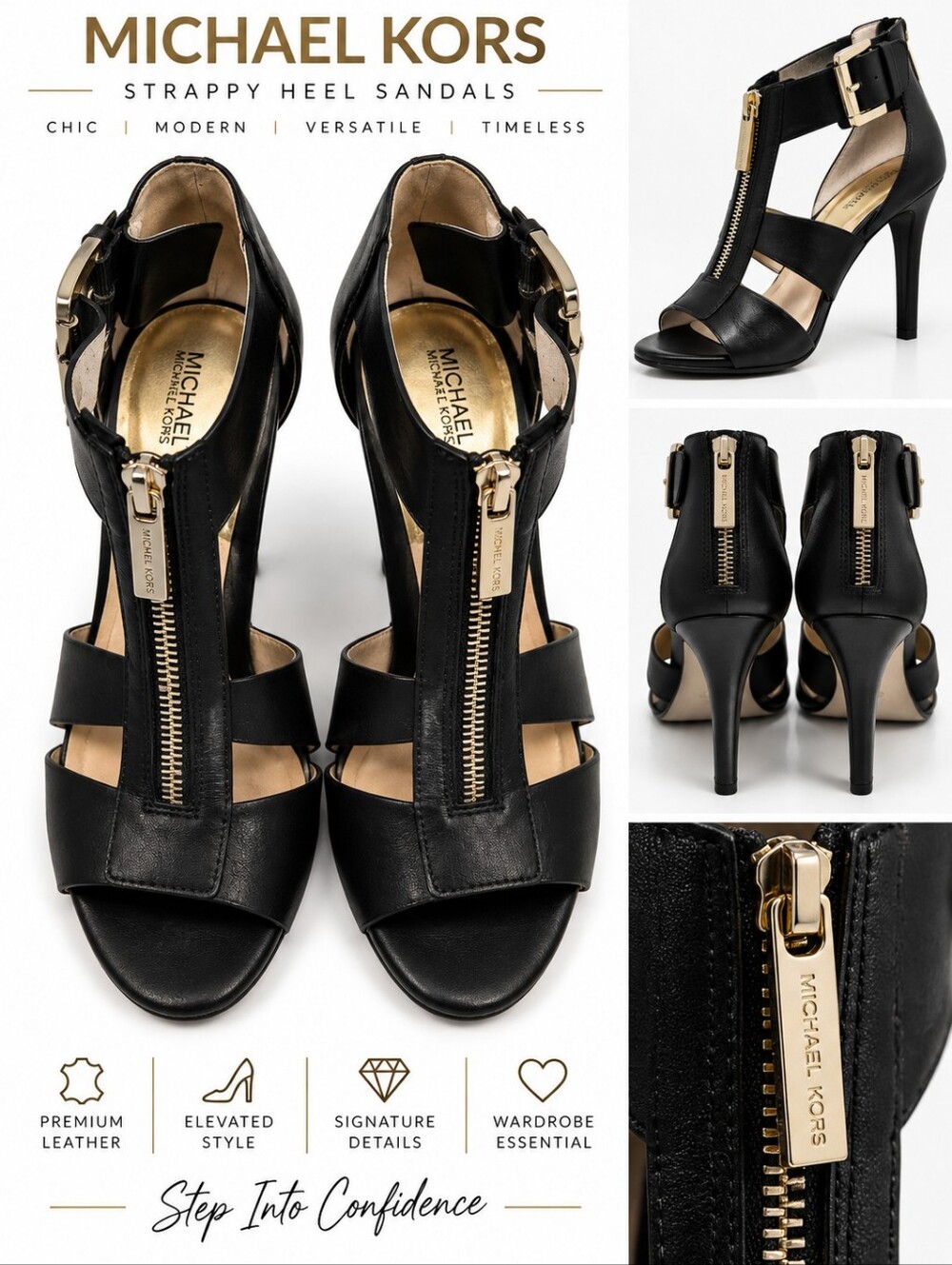 Michael Kors Black Leather Zip Front Strappy High Heel Sandals